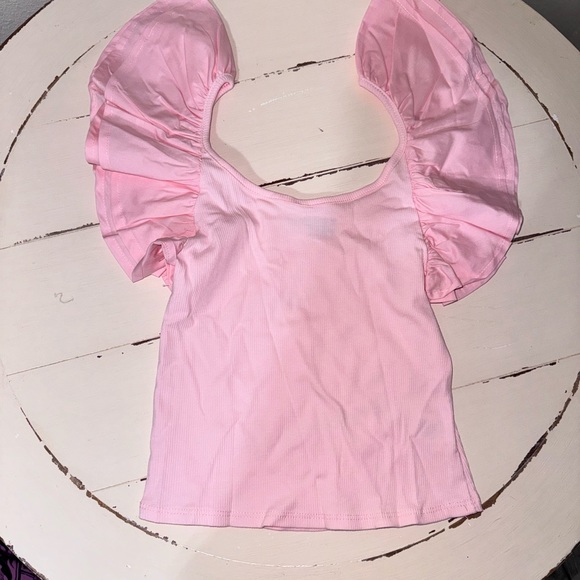 Pink Ribbed Knit Top with Ruffle Sleeves - Picture 5 of 8